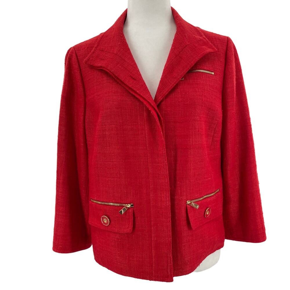 Carlisle Vintage Red Woven Silk Classic Placard Button Zip Detail Blazer Women 8